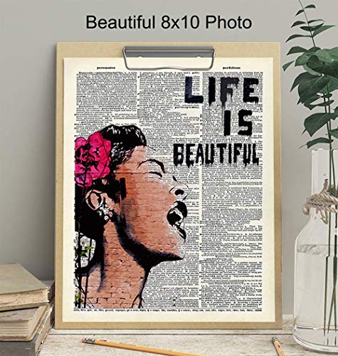 Banksy Wall Art - Upcycled Dictionary Graffiti Art Print, Billie Holiday 8x10 Street Art Poster, Home Decor - Urban Wall Art Print and Room Decorations - Makes a Great Gift - 8x10 Photo Unframed