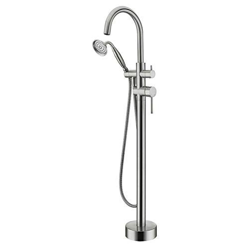 Wowkk Tub Filler Freestanding Bathtub Faucet Brushed Nickel Floor Mounted Brass Bathroom Tub Faucets with Hand Shower