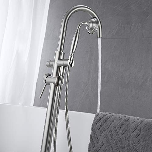 Wowkk Tub Filler Freestanding Bathtub Faucet Brushed Nickel Floor Mounted Brass Bathroom Tub Faucets with Hand Shower