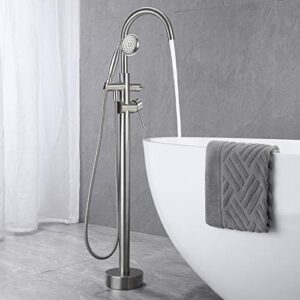 Wowkk Tub Filler Freestanding Bathtub Faucet Brushed Nickel Floor Mounted Brass Bathroom Tub Faucets with Hand Shower