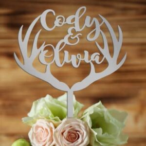 Personalized Antler Wedding Cake Topper, Script Name Wedding Cake Topper, Rustic Wedding Cake Topper, Country Wedding Cake Topper, Personalized deer topper, Stained wood topper for wedding