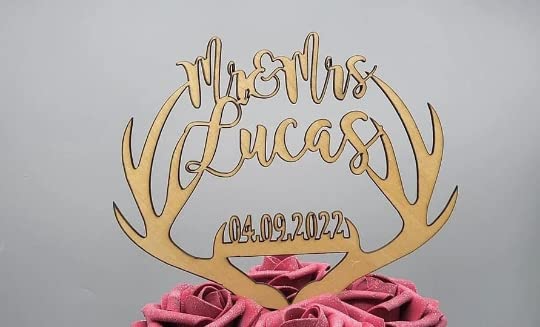 Personalized Antler Wedding Cake Topper, Script Name Wedding Cake Topper, Rustic Wedding Cake Topper, Country Wedding Cake Topper, Personalized deer topper, Stained wood topper for wedding