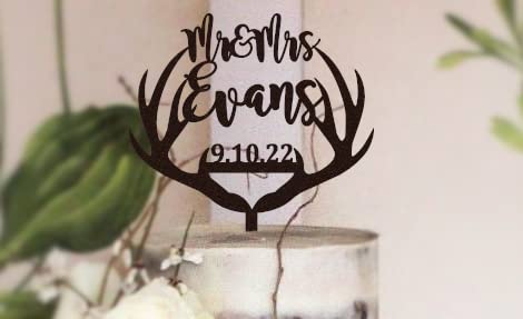 Personalized Antler Wedding Cake Topper, Script Name Wedding Cake Topper, Rustic Wedding Cake Topper, Country Wedding Cake Topper, Personalized deer topper, Stained wood topper for wedding