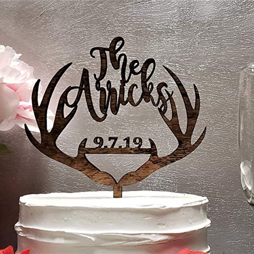 Personalized Antler Wedding Cake Topper, Script Name Wedding Cake Topper, Rustic Wedding Cake Topper, Country Wedding Cake Topper, Personalized deer topper, Stained wood topper for wedding