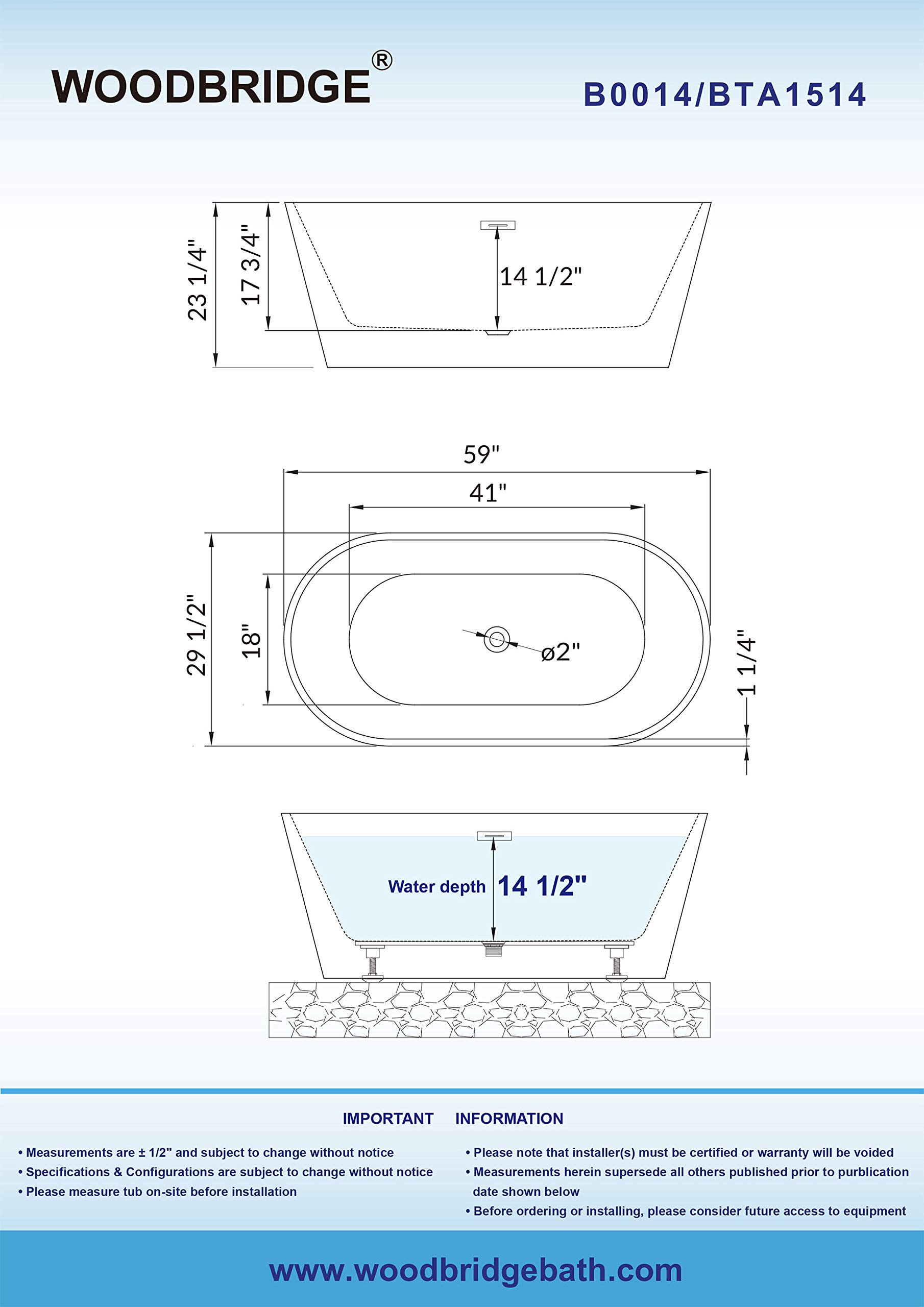 WOODBRIDGE 59" Acrylic Freestanding Bathtub Contemporary Soaking Tub with Brushed Nickel Overflow and Drain, B0014, White