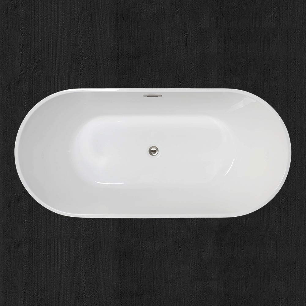 WOODBRIDGE 59" Acrylic Freestanding Bathtub Contemporary Soaking Tub with Brushed Nickel Overflow and Drain, B0014, White