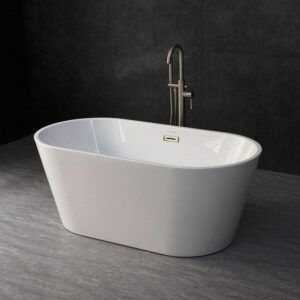 WOODBRIDGE 59" Acrylic Freestanding Bathtub Contemporary Soaking Tub with Brushed Nickel Overflow and Drain, B0014, White