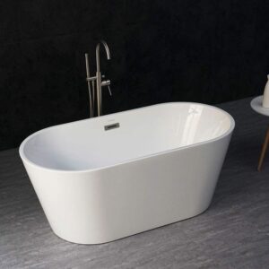 WOODBRIDGE 59" Acrylic Freestanding Bathtub Contemporary Soaking Tub with Brushed Nickel Overflow and Drain, B0014, White