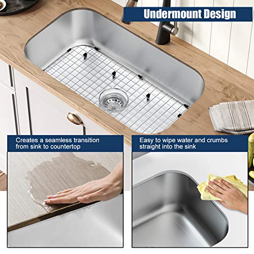 Giantex Single Bowl Kitchen Sink 16 Gauge Stainless Steel Undermount Wash Sink with Metal Tray 9” Deep (31''Lx18.5''Wx9''H)