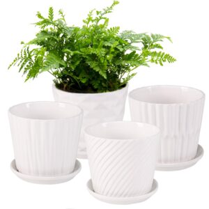 sietpoek Plant Pots - 5.5 Inch Cylinder Ceramic Planters with Connected Saucer, Pots for Succuelnt and Little Snake Plants, Set of 4, White