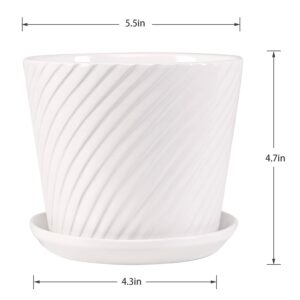 sietpoek Plant Pots - 5.5 Inch Cylinder Ceramic Planters with Connected Saucer, Pots for Succuelnt and Little Snake Plants, Set of 4, White