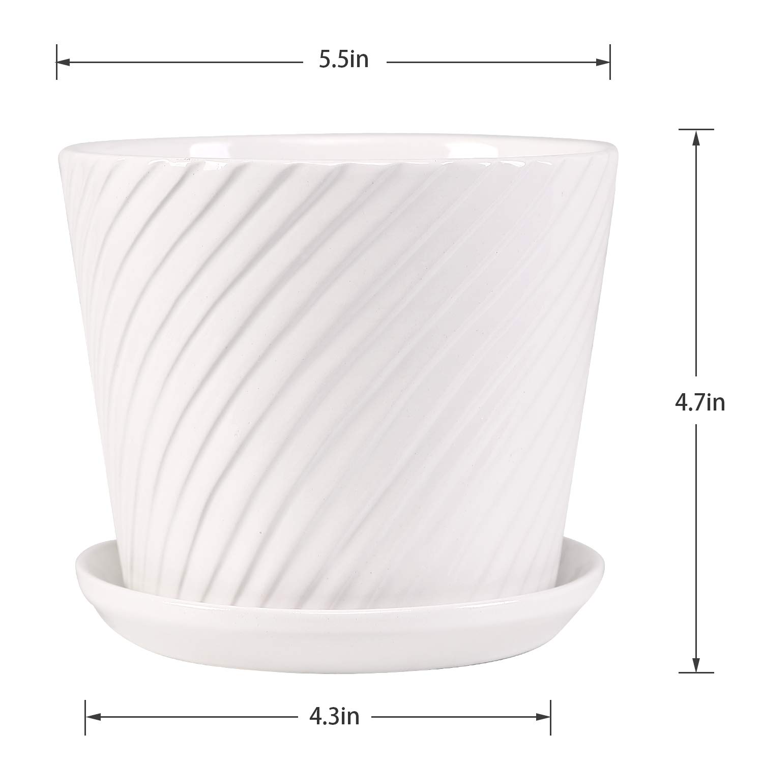 sietpoek Plant Pots - 5.5 Inch Cylinder Ceramic Planters with Connected Saucer, Pots for Succuelnt and Little Snake Plants, Set of 4, White