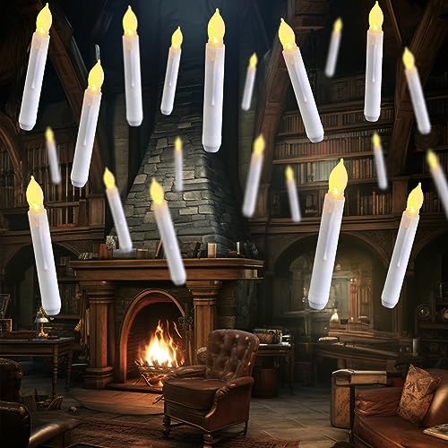 Raycare 24 Flameless LED Taper Candles Flickering, NO Remote, Battery Operated Hanging Floating Candles with Warm Light, LED Tapered Candlesticks for Church Party Halloween Christmas Decorations