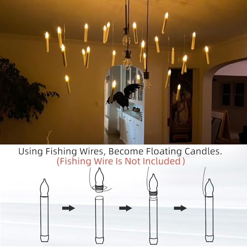 Raycare 24 Flameless LED Taper Candles Flickering, NO Remote, Battery Operated Hanging Floating Candles with Warm Light, LED Tapered Candlesticks for Church Party Halloween Christmas Decorations