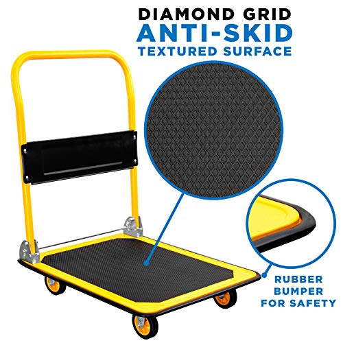 MOUNT-IT! Platform Truck [660lb Weight Capacity] Heavy Duty Foldable Flatbed with Swivel Wheels, Rolling Trolley Cart, Foldable, Flat, Push Cart Dolly (Yellow)