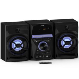 magnavox mm441 3-piece cd shelf system with digital pll fm stereo radio, bluetooth wireless technology, and remote control in black | blue colored speaker lights | led display | aux port compatible |