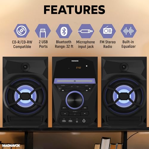 Magnavox MM441 3-Piece CD Shelf System with Digital PLL FM Stereo Radio, Bluetooth Wireless Technology, and Remote Control in Black | Blue Colored Speaker Lights | LED Display | AUX Port Compatible |