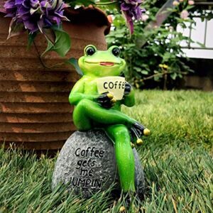 owmell frog statue for garden, drinking coffee green frog figurine for outdoor decor yard and garden decoration resin sculpture 6 inches