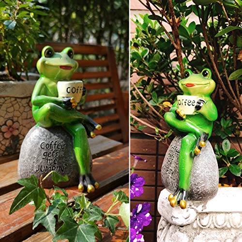 OwMell Frog Statue for Garden, Drinking Coffee Green Frog Figurine for Outdoor Decor Yard and Garden Decoration Resin Sculpture 6 Inches