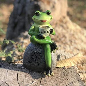 OwMell Frog Statue for Garden, Drinking Coffee Green Frog Figurine for Outdoor Decor Yard and Garden Decoration Resin Sculpture 6 Inches