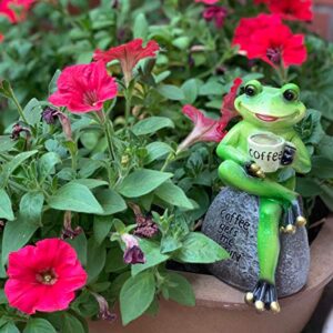 OwMell Frog Statue for Garden, Drinking Coffee Green Frog Figurine for Outdoor Decor Yard and Garden Decoration Resin Sculpture 6 Inches