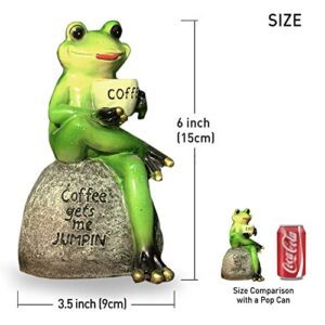 OwMell Frog Statue for Garden, Drinking Coffee Green Frog Figurine for Outdoor Decor Yard and Garden Decoration Resin Sculpture 6 Inches