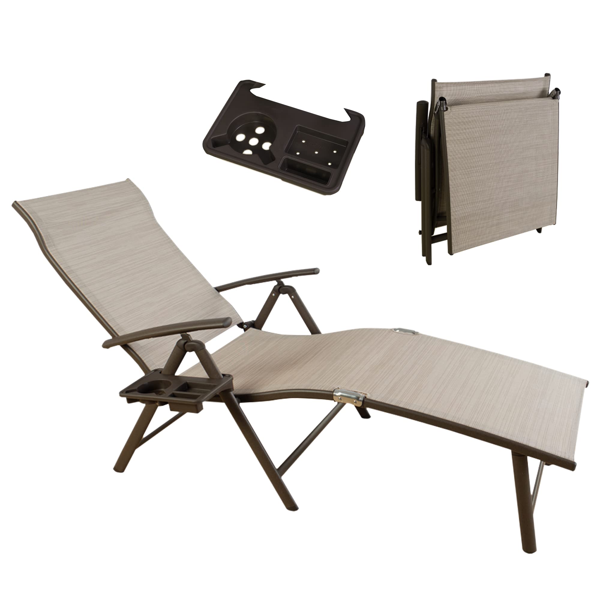 Kozyard Cozy Aluminum Beach Yard Pool Folding Reclining Adjustable Chaise Lounge Chair with Drink Holder Assembled. Weather Free(1 Pack, Beige)