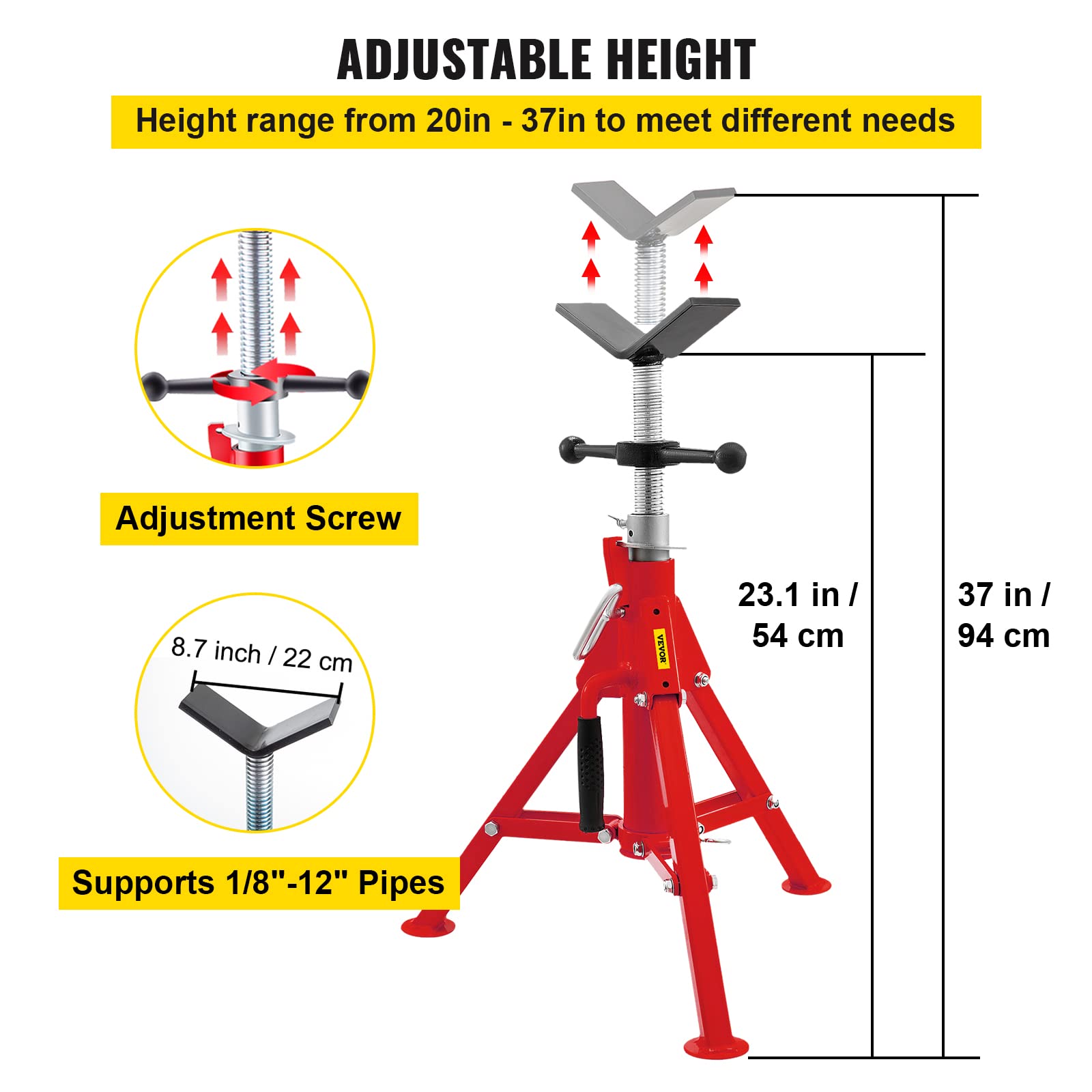 Mophorn V Head Pipe Stand 1/8"-12" Capacity,Adjustable Height 20"-37",Pipe Jack Stands 2500 lb. Load Capacity,Portable Folding Pipe Stands, Carbon Steel Body More Durable