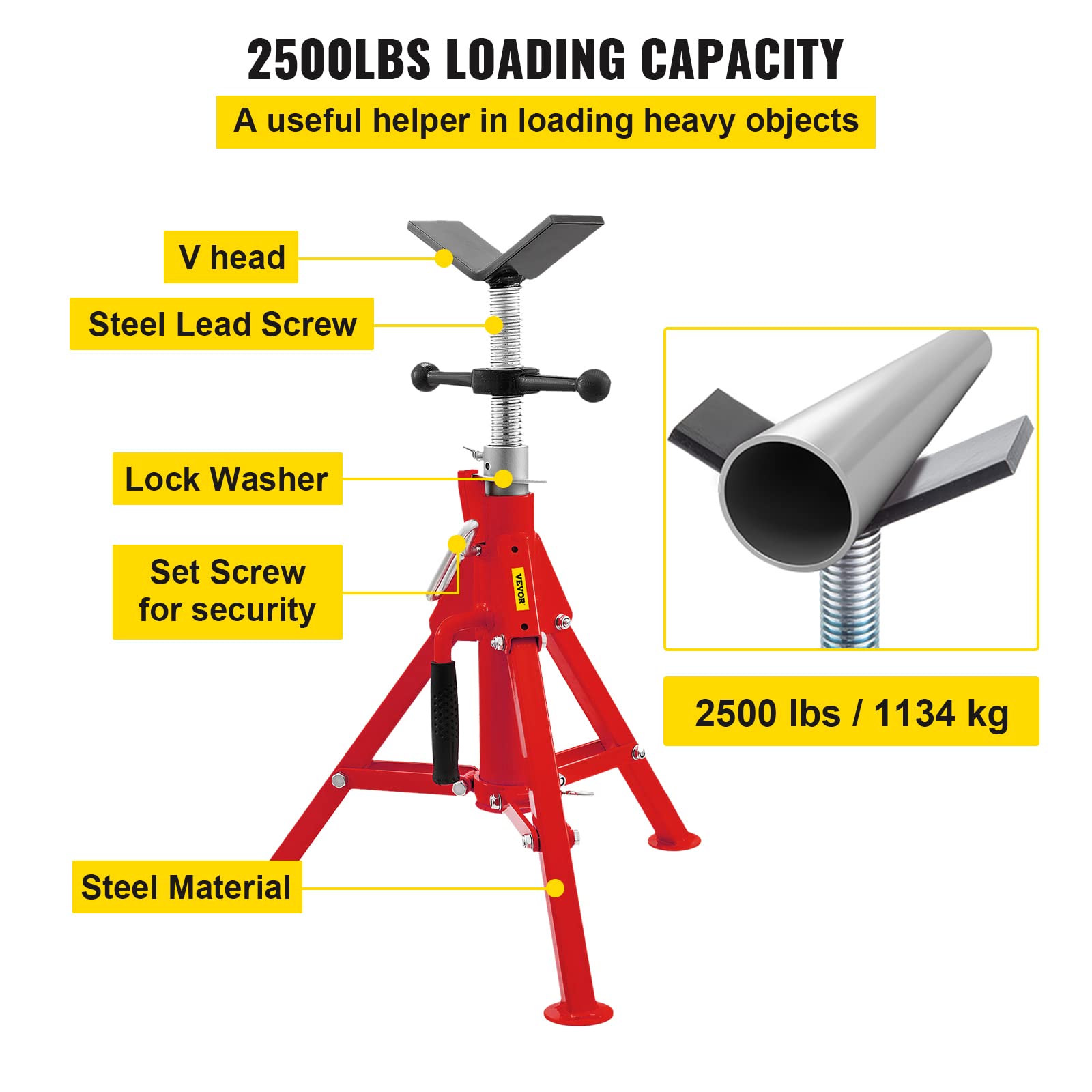 Mophorn V Head Pipe Stand 1/8"-12" Capacity,Adjustable Height 20"-37",Pipe Jack Stands 2500 lb. Load Capacity,Portable Folding Pipe Stands, Carbon Steel Body More Durable