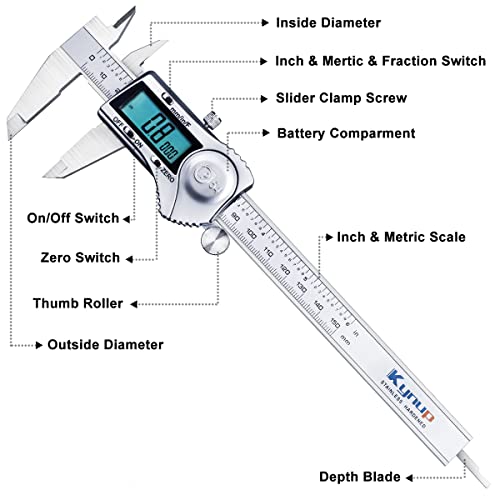 Kynup Digital Caliper, Calipers 6 Inch Measuring Tool with Stainless Steel, IP54 Splash Proof Protection Design, Easy Switch from Inch Metric Fraction, Large LCD Screen (150mm)