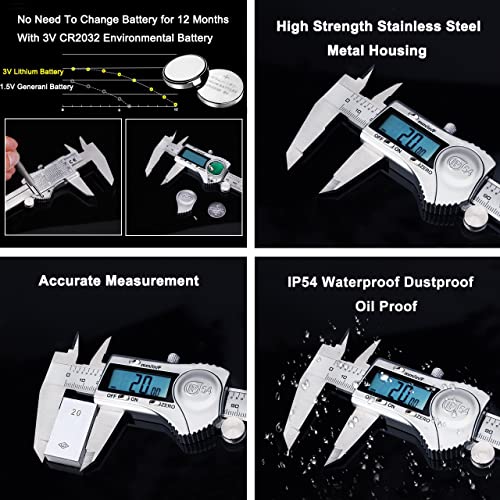 Kynup Digital Caliper, Calipers 6 Inch Measuring Tool with Stainless Steel, IP54 Splash Proof Protection Design, Easy Switch from Inch Metric Fraction, Large LCD Screen (150mm)