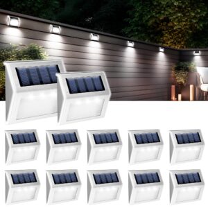 gigalumi 12 pack solar deck lights,3 led solar stair lights,outdoor led step lighting stainless steel waterproof led solar fence lights for step/stairs/pathway/walkway/garden-(cold white)