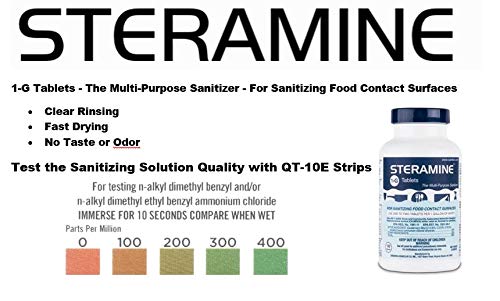 Steramine Quat Test Strips, 30 x QT-10 Test Strips to Measure 0-400 ppm, For Testing Sanitizing Solutions Made with Steramine Quaternary Tablets, 2 x Envelopes