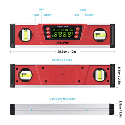 RISEPRO 10-Inch Digital Torpedo Level and Protractor IP54 Protected Electronic Bubble Inclinometer, Angle Finder, Gauge w/Large VA Display & V-Groove Base DL135N