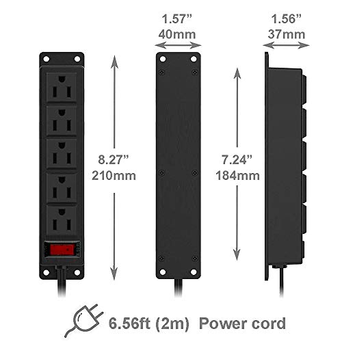 Mountable Power Strip Wall Mount Power Outlets Screw Down Power Socket in Desk Under Cabinet Power Station 5AC Outlet 6.56 Feet Extension Cord, On&Off Switch Black