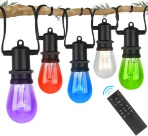 dgo 48ft outdoor patio lights, rgb cafe string lights with 15 e26 s14 shatterproof edison bulbs, commercial grade dimmable string lights for bistro backyard garden, remote controllers
