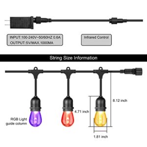 DGO 48FT Outdoor Patio Lights, RGB Cafe String Lights with 15 E26 S14 Shatterproof Edison Bulbs, Commercial Grade Dimmable String Lights for Bistro Backyard Garden, Remote Controllers