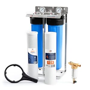 2-stage whole house water filter system 20x4.5" w/wrench, stainless steel frame & pressure gauge & release button (1" port) - 5 micron pp sediment filter & carbon block filter - fits ispring fc25b