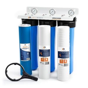 aquaboon 3-stage whole house water filter system w/wrench, iron white coated bracket & pressure gauge & release button (1" port) - w/premium gac & pp sediment & string wound sediment filter cartridges