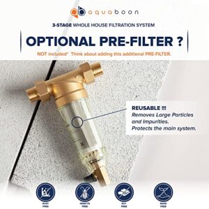 Aquaboon 3-Stage Whole House Water Filter System w/Wrench, Iron White Coated Bracket & Pressure Gauge & Release Button (1" Port) - w/Premium GAC & PP Sediment & String Wound Sediment Filter Cartridges