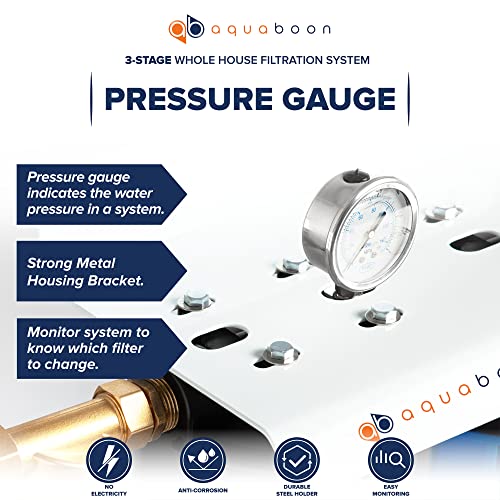 Aquaboon 3-Stage Whole House Water Filter System w/Wrench, Iron White Coated Bracket & Pressure Gauge & Release Button (1" Port) - w/Premium GAC & PP Sediment & String Wound Sediment Filter Cartridges