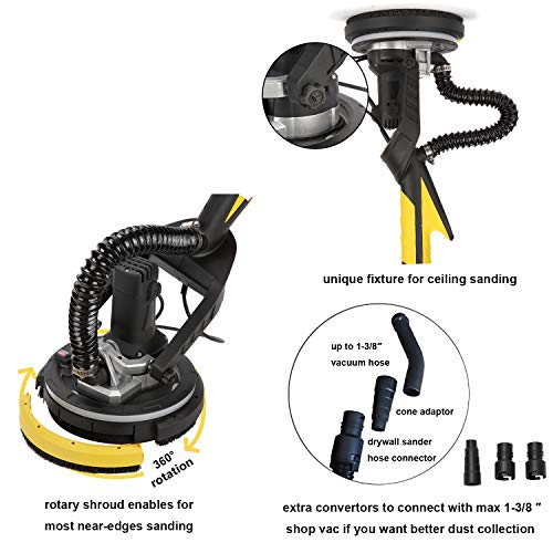 Drywall Sander with Vacuum, Labor-Saving Handle and Unique Fixture for Ceiling Sanding, Electric Drywall Sander with LED Light, ETL Listed, CUBEWAY