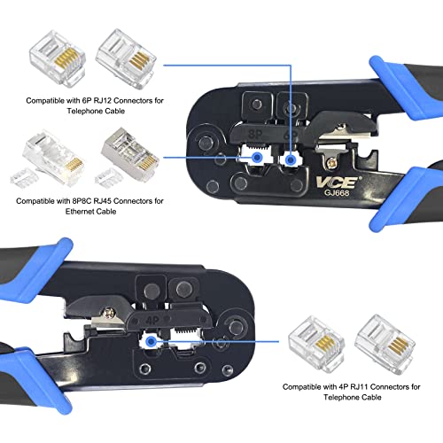 VCE RJ45 RJ11/RJ12 RJ22 Ethernet Crimp Tool Crimper Cutter Stripper All-in-one Multi-Tool for Network Telephone Cat3 Cat5 Cat5e Cat6 Cat6A Modular Connector Plug Cables