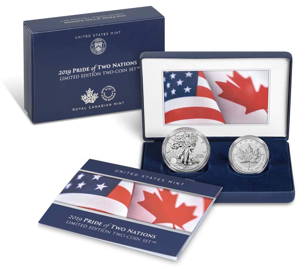 2019 W Silver Eagle 2019 Pride of Two Nations Silver Eagle Maple Leaf PR70 PCGS First Strike US Set PR-70