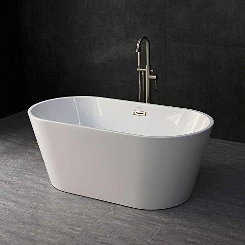 WOODBRIDGE Acrylic Freestanding Bathtub Contemporary Soaking Tub Overflow and Drain, BTA1514-C,White, 59" Chrome