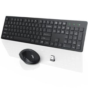 wireless keyboard and mouse, wisfox usb computer keyboard with silent keys, long battery life, 2.4ghz full-size lag-free cordless combo for pc laptops windows mac chrome os (black)