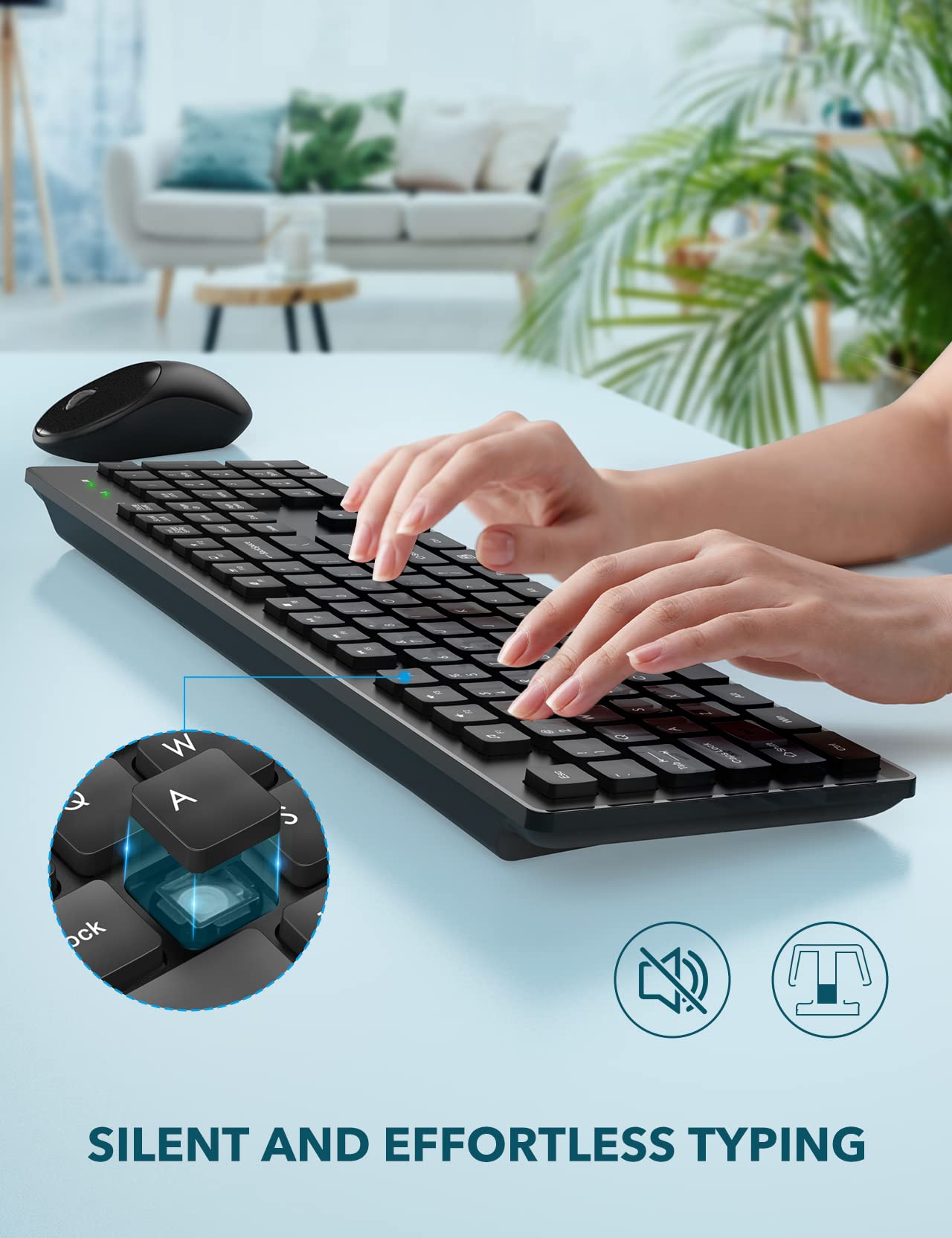 Wireless Keyboard and Mouse, WisFox USB Computer Keyboard with Silent Keys, Long Battery Life, 2.4GHz Full-Size Lag-Free Cordless Combo for PC Laptops Windows Mac Chrome OS (Black)