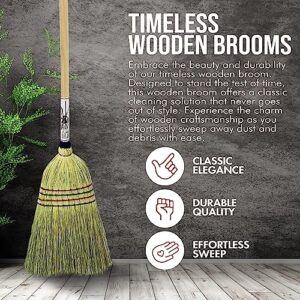 Peaceful Classics Wooden Broom - Handmade Amish Corn Broom with Hard Wood Handle, Heavy Duty Indoor Broom/Outdoor Broom for Any Floor with Straw Broom Sweeper Brushes, Wood Broom for Sweeping, Yellow