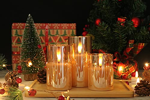 GenSwin Flameless Led Candles Flickering Battery Operated with Remote, Real Wax 3D Wick Moving Pillar Candles with Timer Remote Glass Effect for Festival Wedding Christmas Home Decor(Gold)