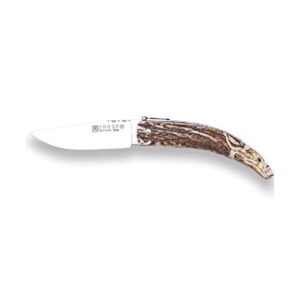 joker pocket folding knife nc142 hand carved, deer antler tip handle, wild boar motive, 3.14 inches mova blade, with sheath included, fishing tool, hunting, camping and hiking